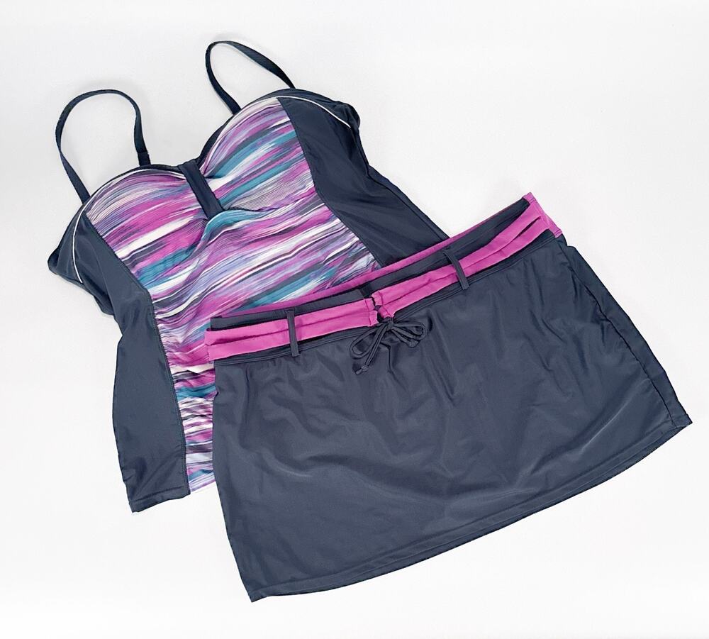 Free Country Women Tankini Top Swimsuit Shorts Hot Pink Gray 1X 16W/18W Swimsuit